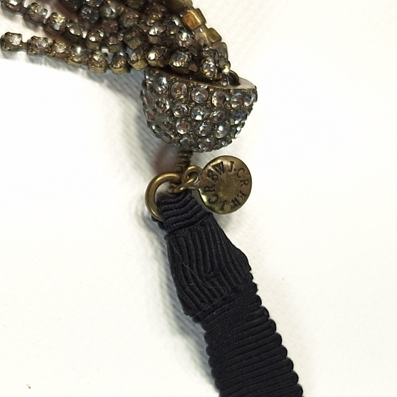J. Crew Black Ribbon Silver Tone Rhinestone Tasels Tie Necklace - Picture 5 of 6